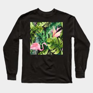 Watercolor Pink Flamingo + Tropical Foliage Pattern Long Sleeve T-Shirt